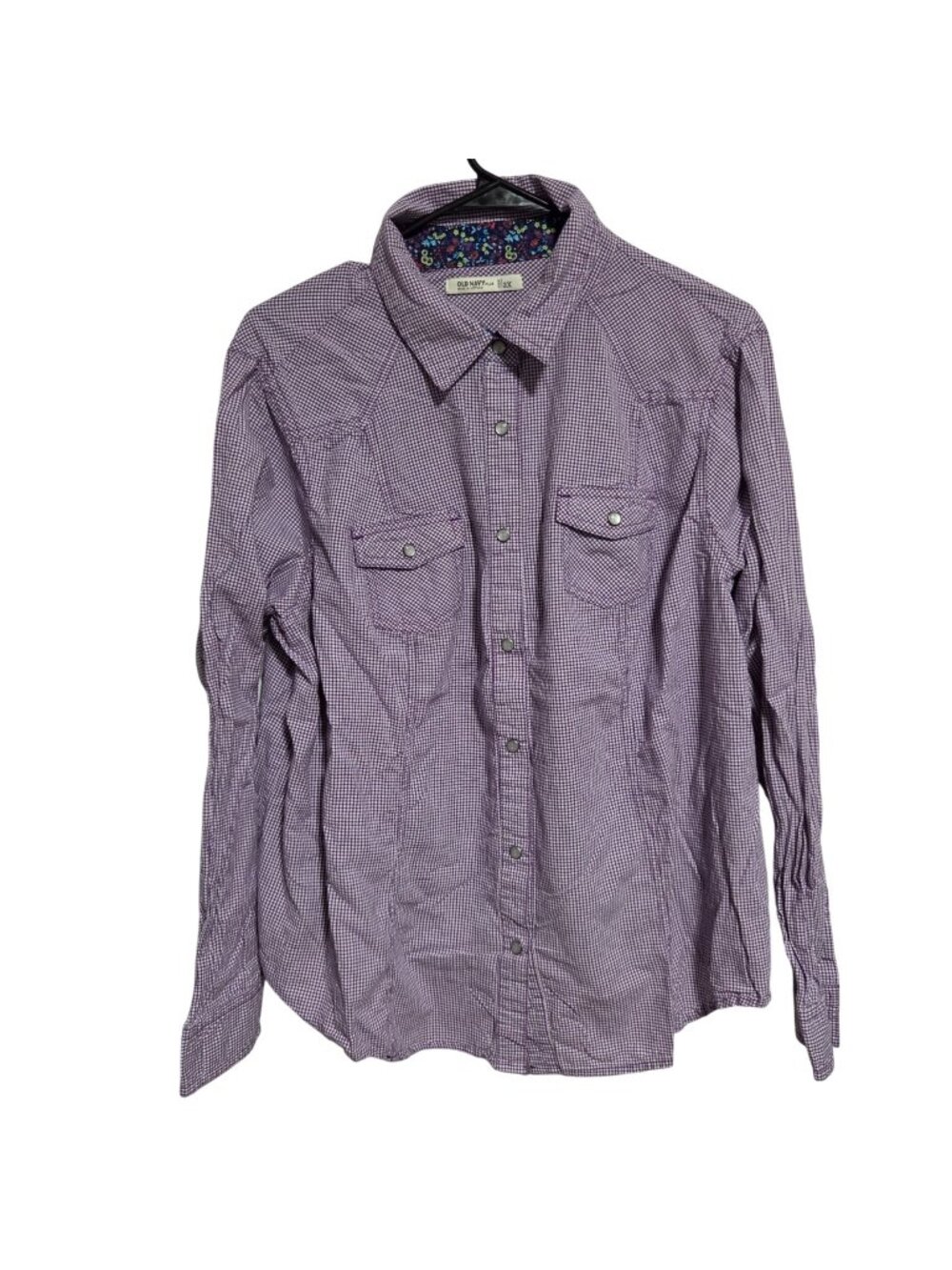 Old Navy Pearl Snap Shirt Plus Size 2X Purple Gingham Western Ranch Long Sleeve